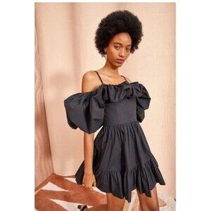 Ulla Johnson Lila Black Off Shoulder Ruffle Cotton Poplin Mini  Sz 10